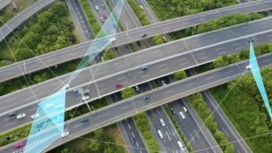 道路交叉口与车辆的空中景观，自动驾驶仪概念，道路交叉口与车辆的空中景观，自动驾驶仪概念.